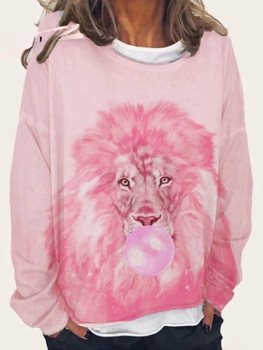 Losvallend sweatshirt met ronde hals en lange mouwen met artistieke roze leeuwenprint